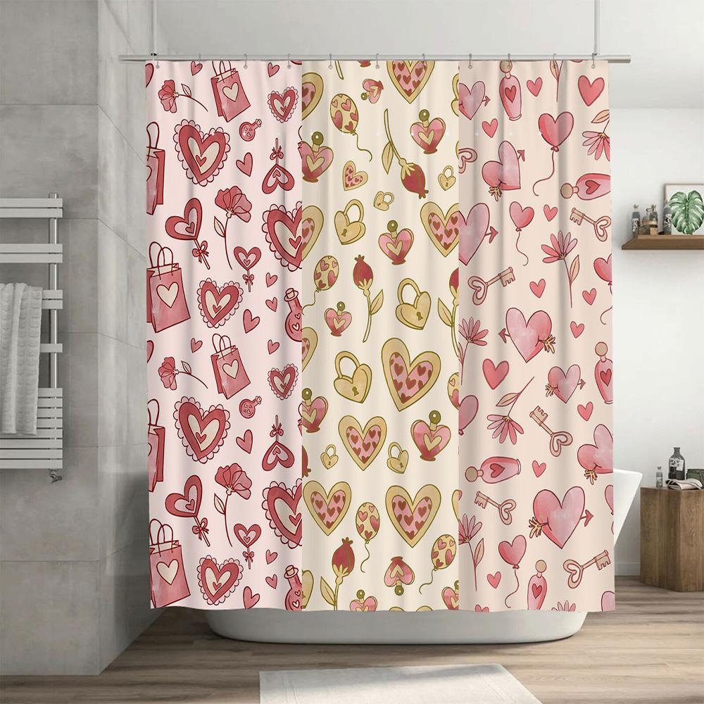 Love-themed shower curtain with heart designs waterproof fabric bathroom decor for couples gift ideas in pink and gold colors