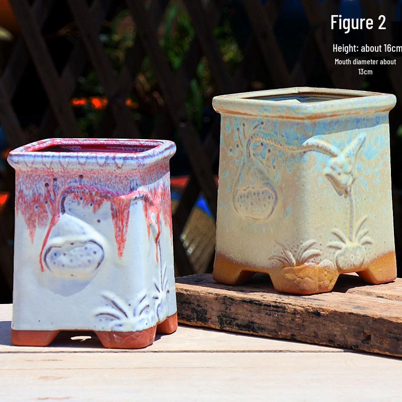 Creative Handmade Coarse Pottery Terracotta Pot - Large Square Glossy Glazed Planter with Low Breathable Rim for Succulents and Pothos