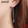 925 Sterling Silver Blue Crystal Long Chain Dangle Earrings for Women Wedding Jewelry