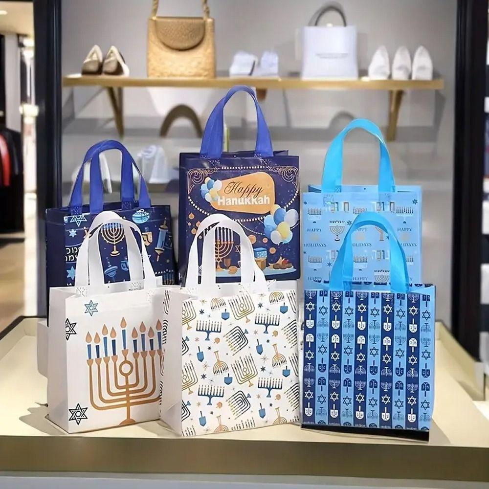 

4pcs Hanukkah Print Non-woven Tote Bag Candle Handbag Happy Hanukkah Shopping Bag Storage Bag