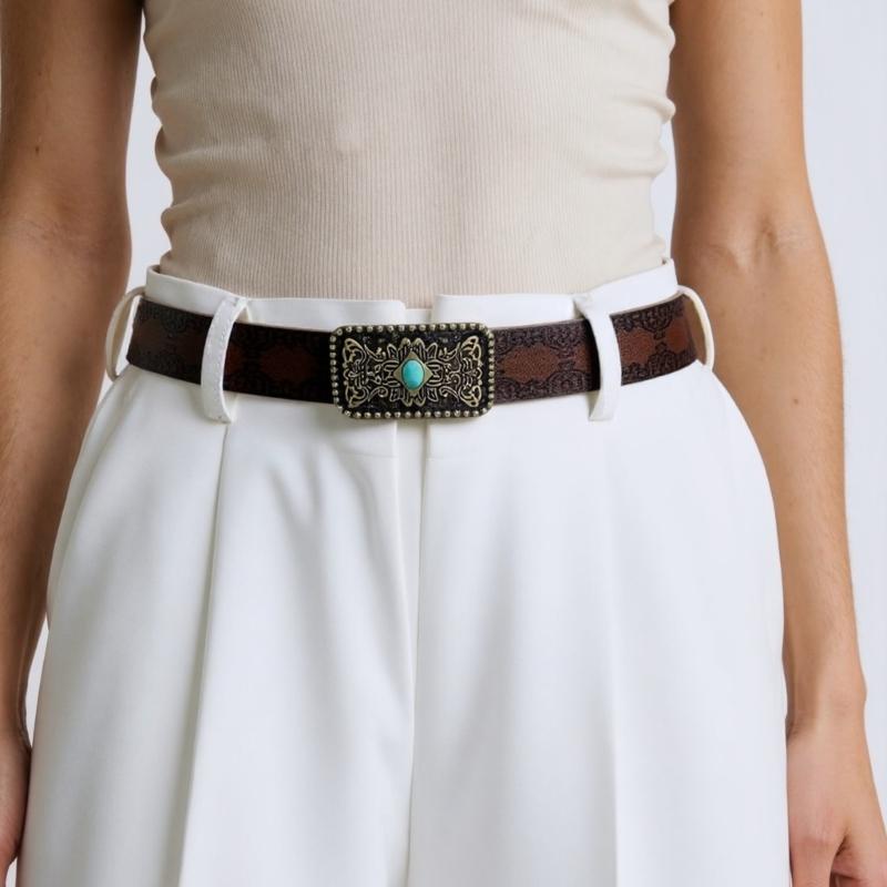 Retro Edgy Buckles Belt Adjustable Brown PU Leather Strap Embossed Belt Fashion Accessory For Women Men