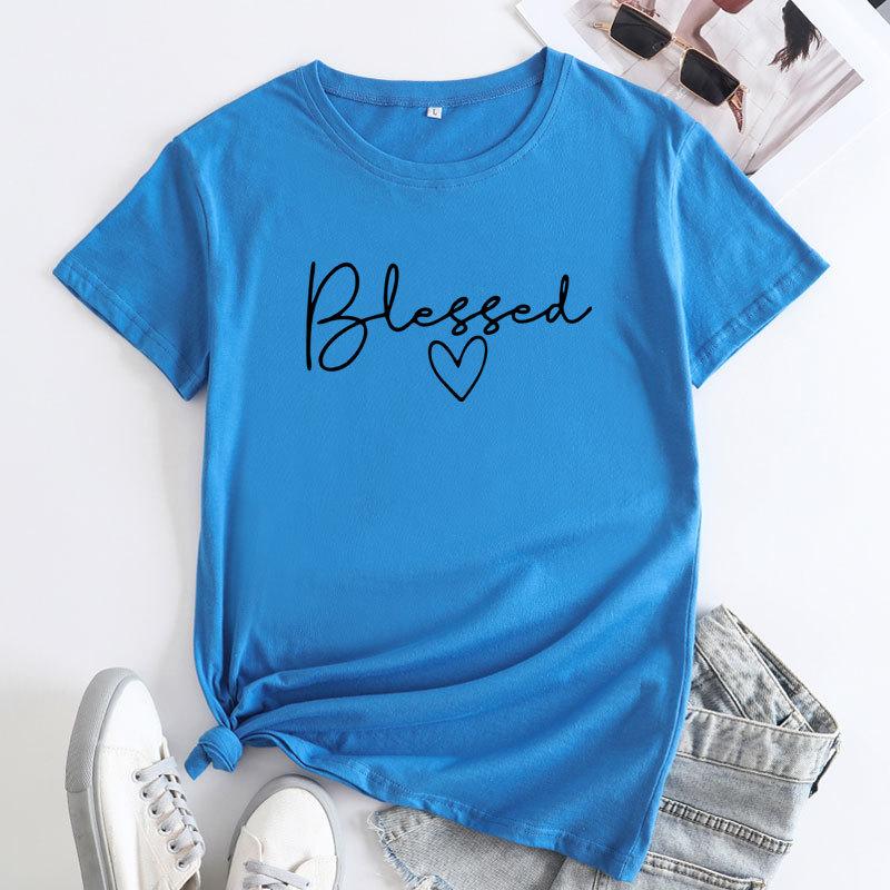 Summer Round Neck Letter Blessed Printed Top Fashionable Casual Short Sleeved Women's Pure Cotton T-shirts