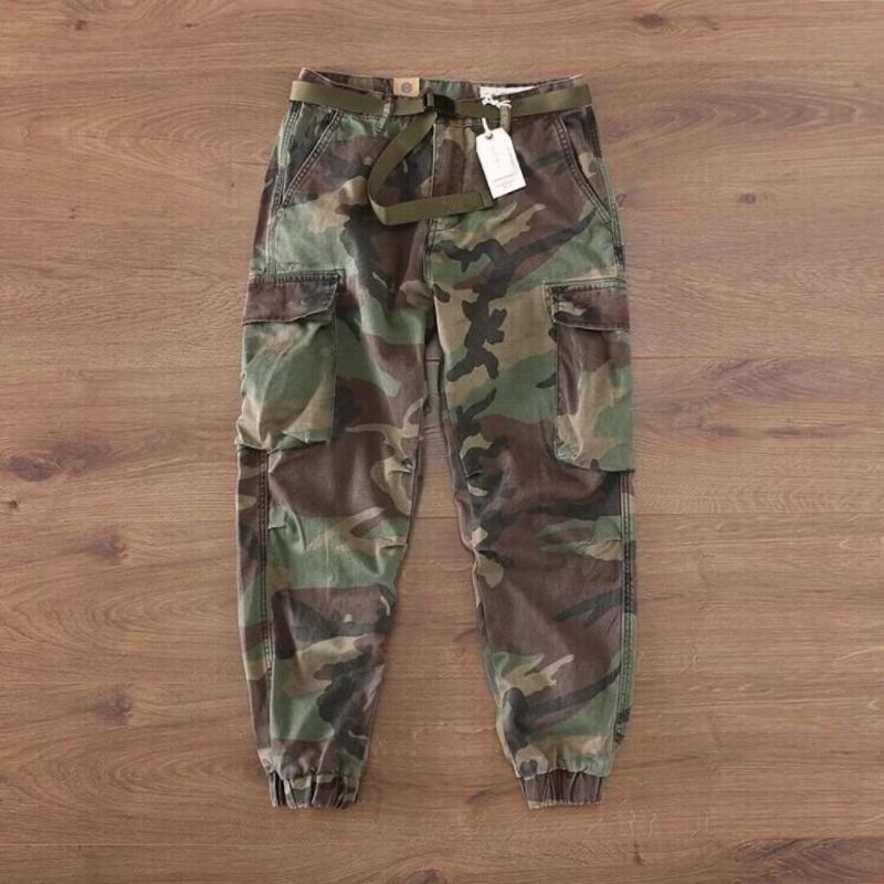 Retro vojenské maskáčové kombinézy pánské Kaji vícekapsové volné malé rovné legíny kalhoty pánské