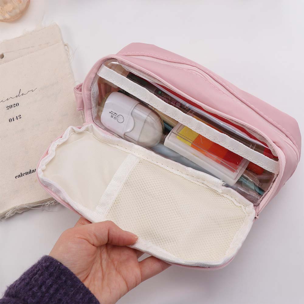 Pink Cloth Multilayer Pencil Case Large Capacity Solid Color Pencil Pouch Kids Children