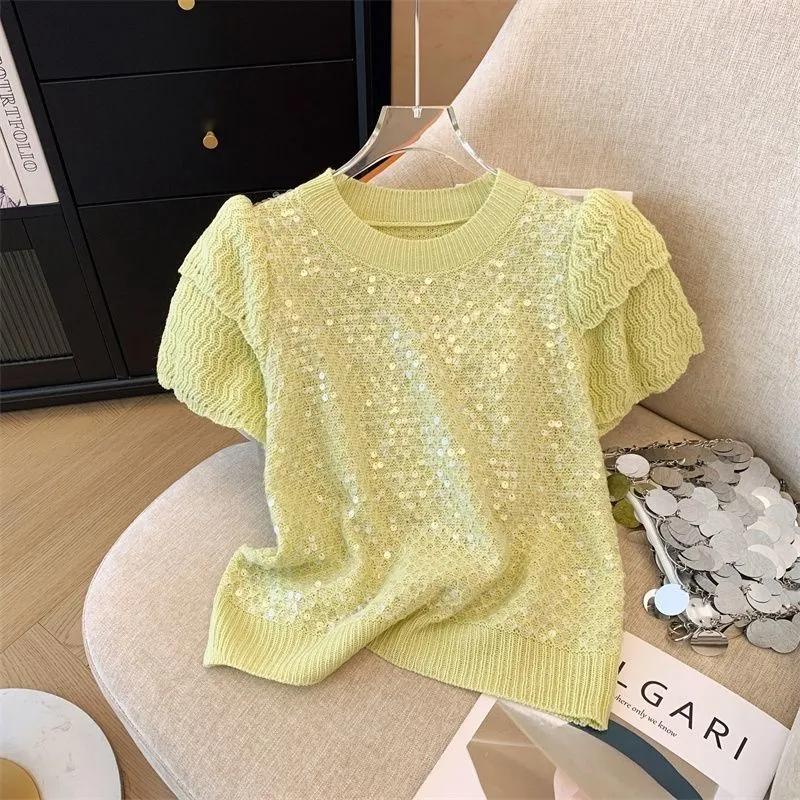 

Женская летняя футболка с круглым вырезом и коротким рукавом, украшенная французскими пайетками, с принтом «сладкий стареющий пуловер» XS