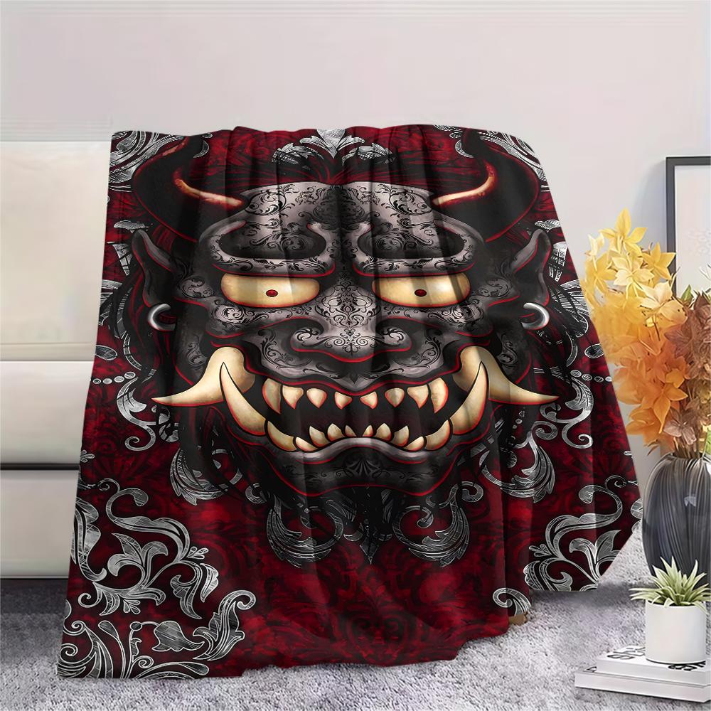 1Pc Hannya Samurai Print Flannel Blanket, High quality Comfortable for All Seasons, Home Decor, Warmth and Comfort, Perfect for Christmas Gifts