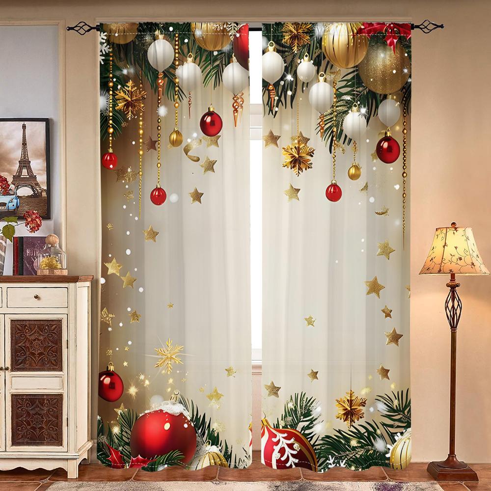 2 Pieces, Christmas Tree Branch Colored Ball Curtains -30% Blackout - Suitable for Living Room, Bedroom, Kitchen, Home Decoratio