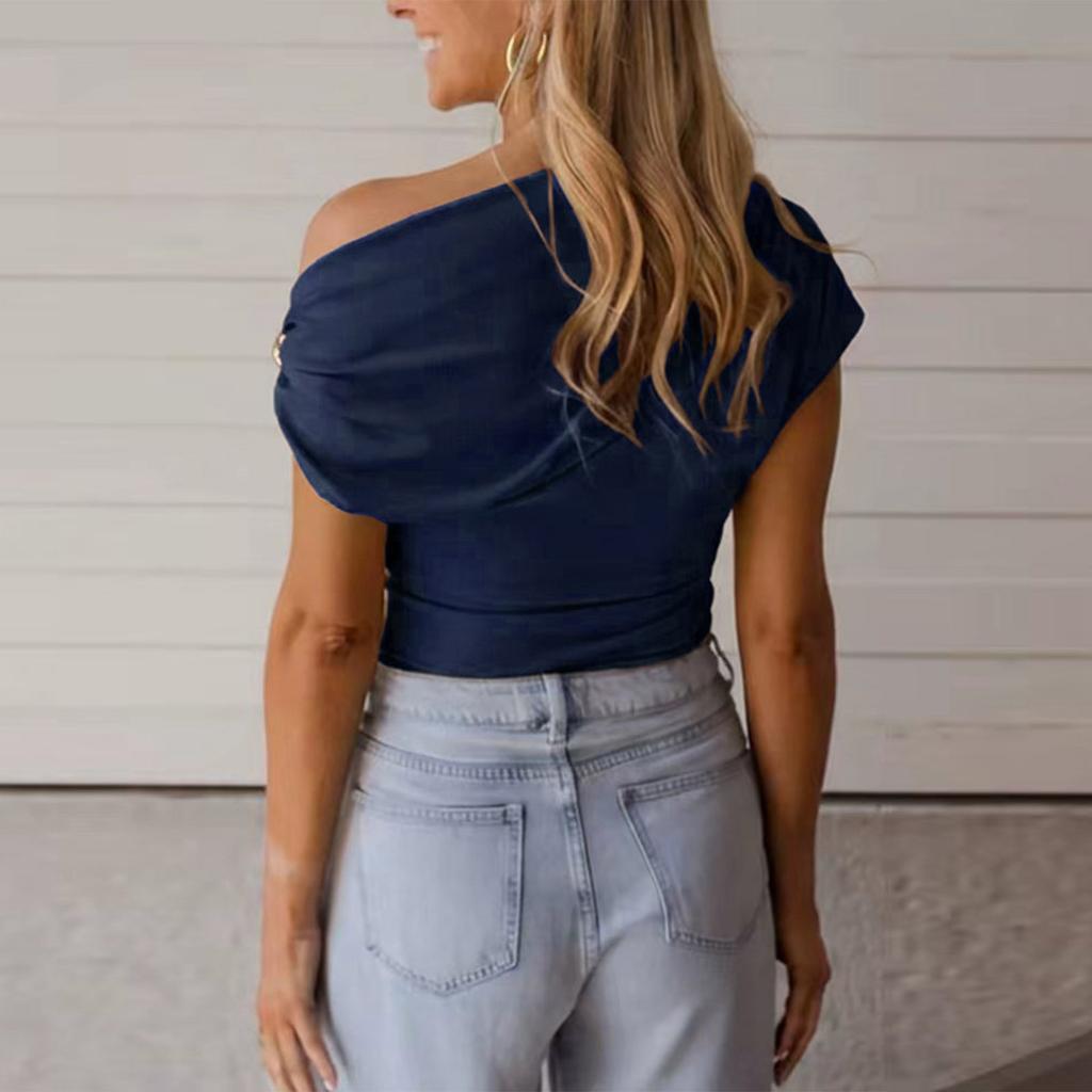 Women’s Asymmetrical Neck Short Sleeve Top with Ribbed Knit Fabric Fitted Pullover Tee Shirt for Casual Wear