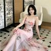 Pure desire mesh printing suspender deep V-neck dress women's summer design sense slim waist hip fish tail dress