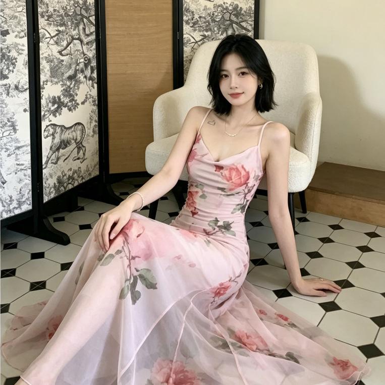 Pure desire mesh printing suspender deep V-neck dress women's summer design sense slim waist hip fish tail dress