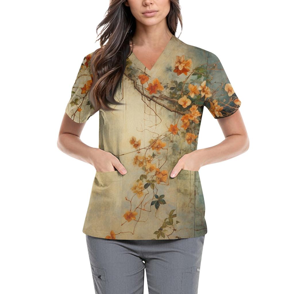 Süße bedruckte Arbeitskleidung für Damen, V-Ausschnitt, doppellagige Taschen, Basic, kurzärmeliges Oberteil, Pullover, Valentinstag