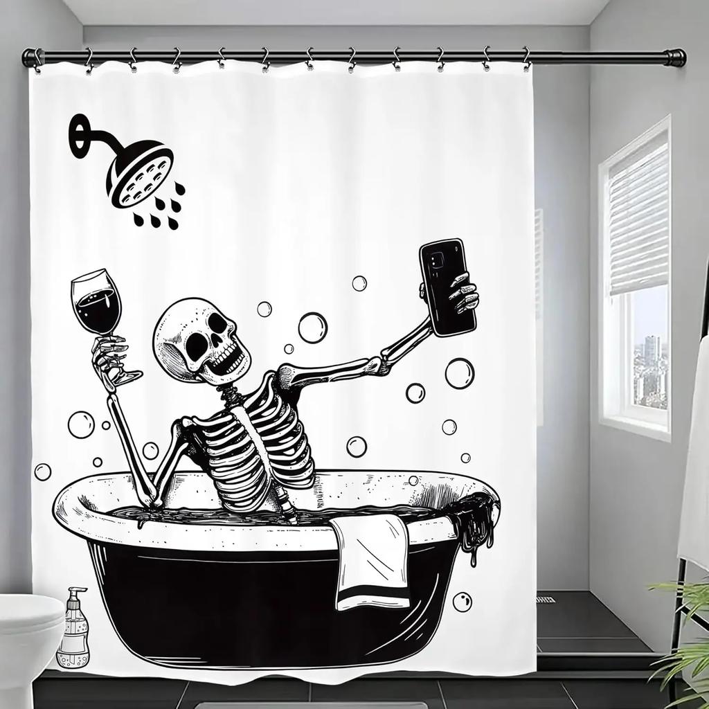 Funny Skeleton Skull Bathroom Shower Curtain Black White Hilarious Man Cool Polyester Fabric 12 Plastic Hooks Waterproof Decor