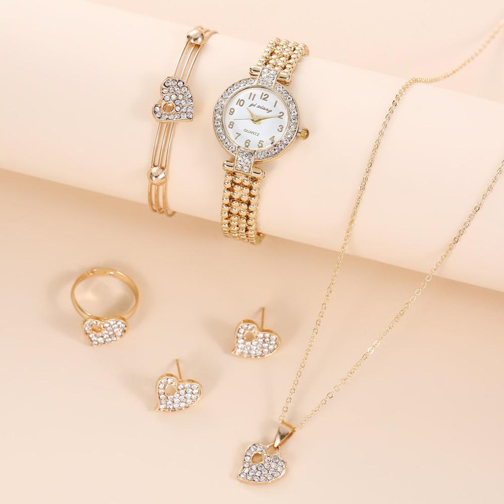 Women'S Suit Light Luxury Fashion Versatile Diamond-Encrusted Steel Belt Watch Love Bracelet + Ring + Earrings + Necklace