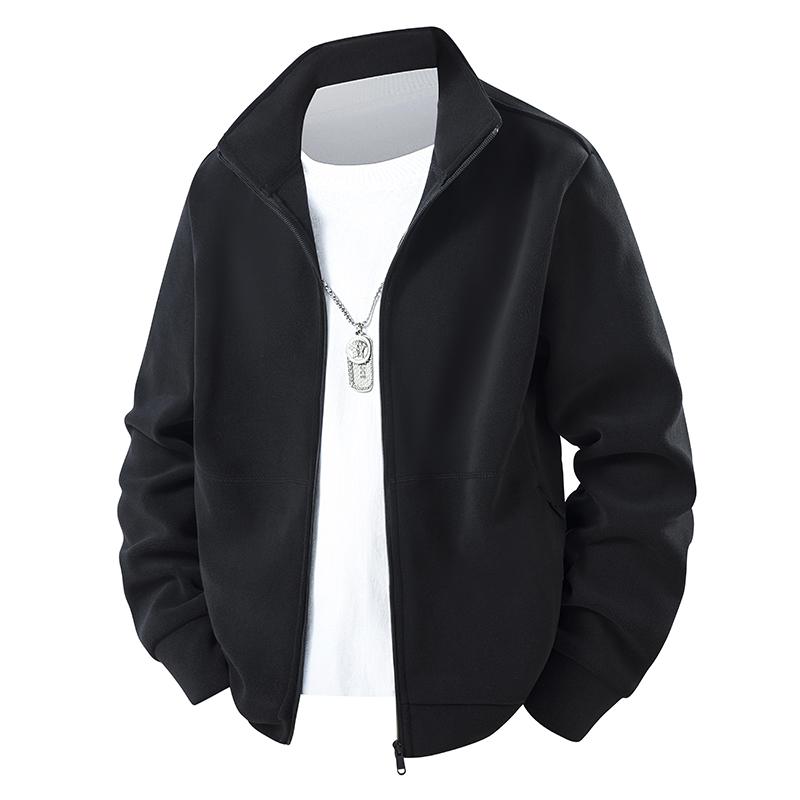 Men s Stand Collar Full Zip Fleece Jacket Casual Solid Color Navy Blue Coat M чёрный