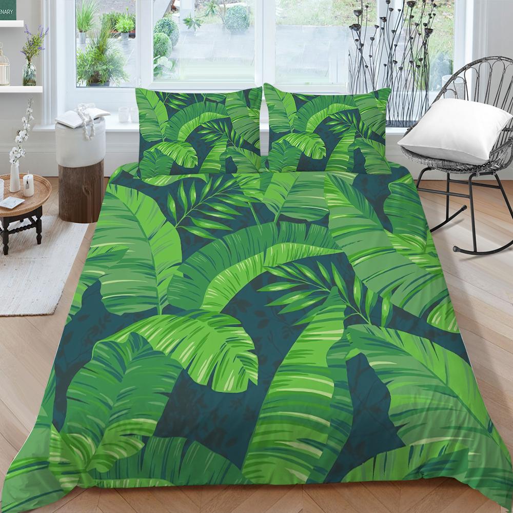 Family Bedding Single Double Bed Full Size Plant Printing Series Bedding Leaf Pattern Pillowcase and Quilt Cover Washable Home Decoration