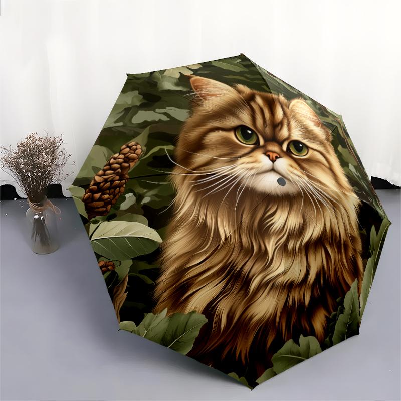 Persian Cat and Plant pattern, automatic folding umbrella, portable and foldable design, 8 ribs, a Christmas or birthday gift.