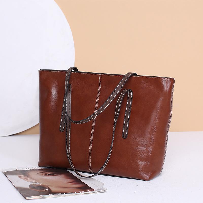 Genuine Leather Tote Bag Women's Large Capacity Vintage Cross-body Bag Women's Commuter Large Shoulder Underarm Bag