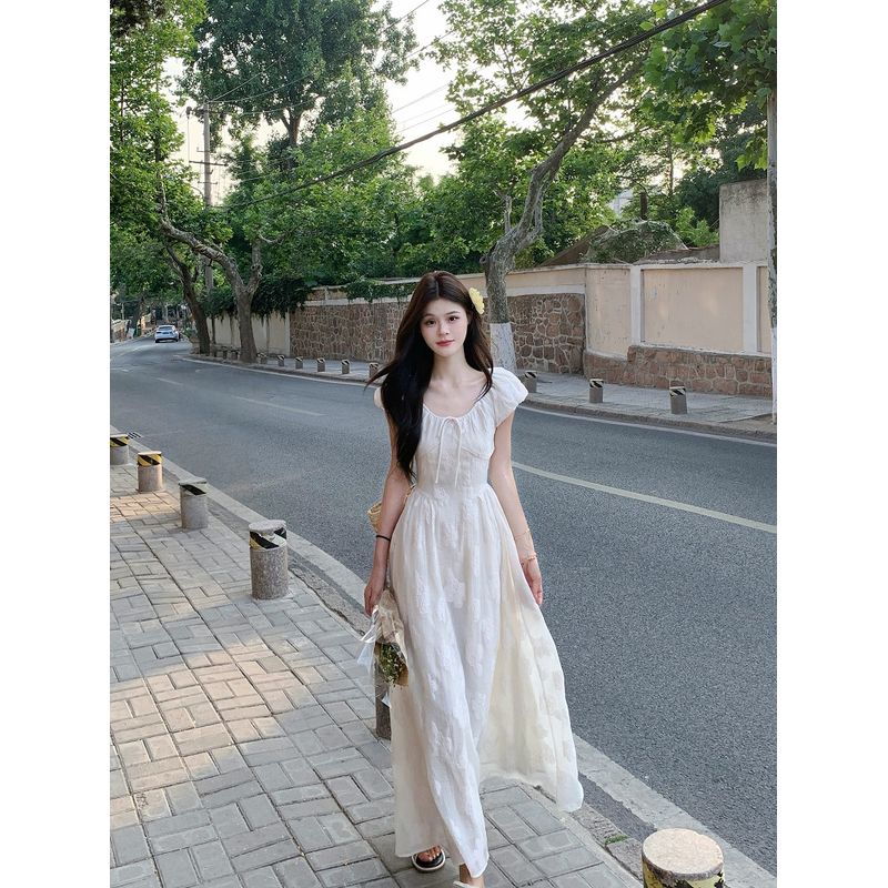 Kumikumi French style Elegant Jacquard Strap Puff sleeve One piece Dress Women clothing Summer Chic Age-Reducing Slimming Long dress