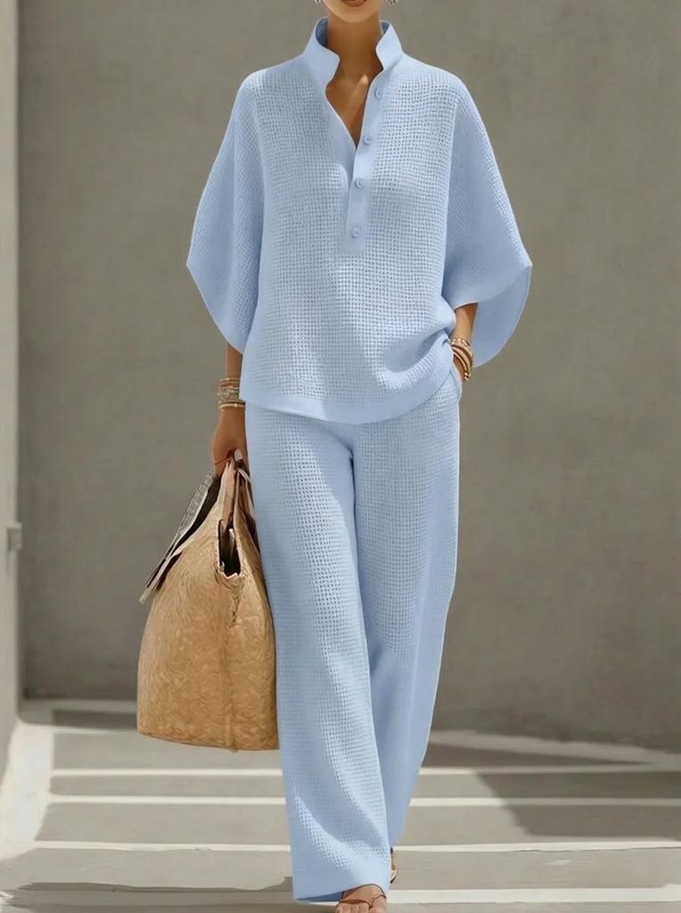 2026 European and American Cross-border Women's Clothing Casual Loose Breathable Solid Color Button-up Shirt Top Wide-leg Pants Set Summer