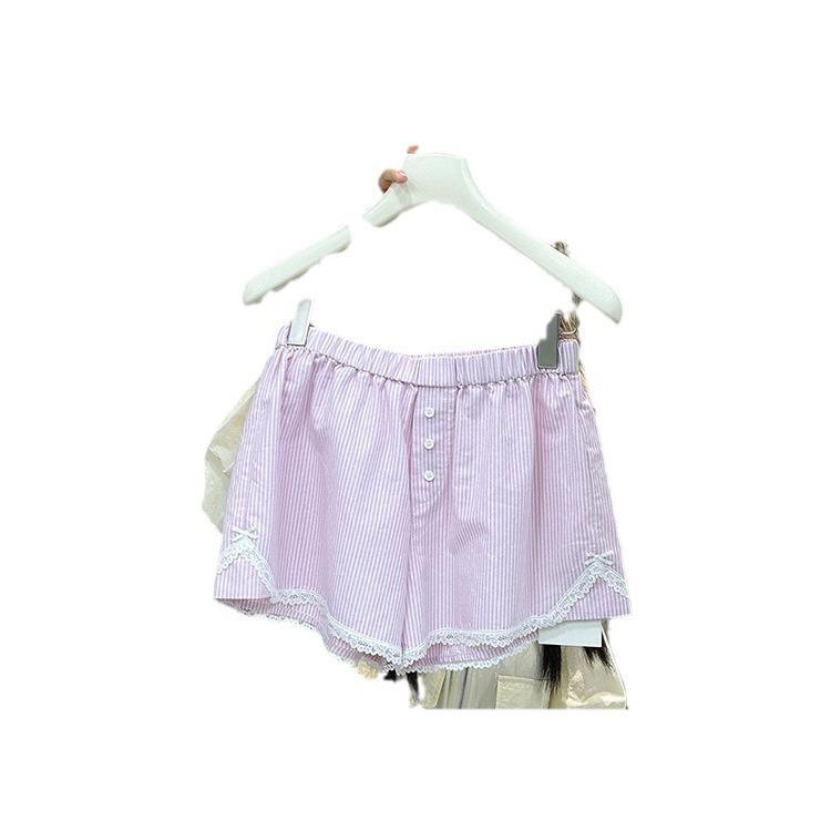 Dongdaemun Women's 2024 French Girlish Pink Lace-Trim Striped Wide-Leg Shorts