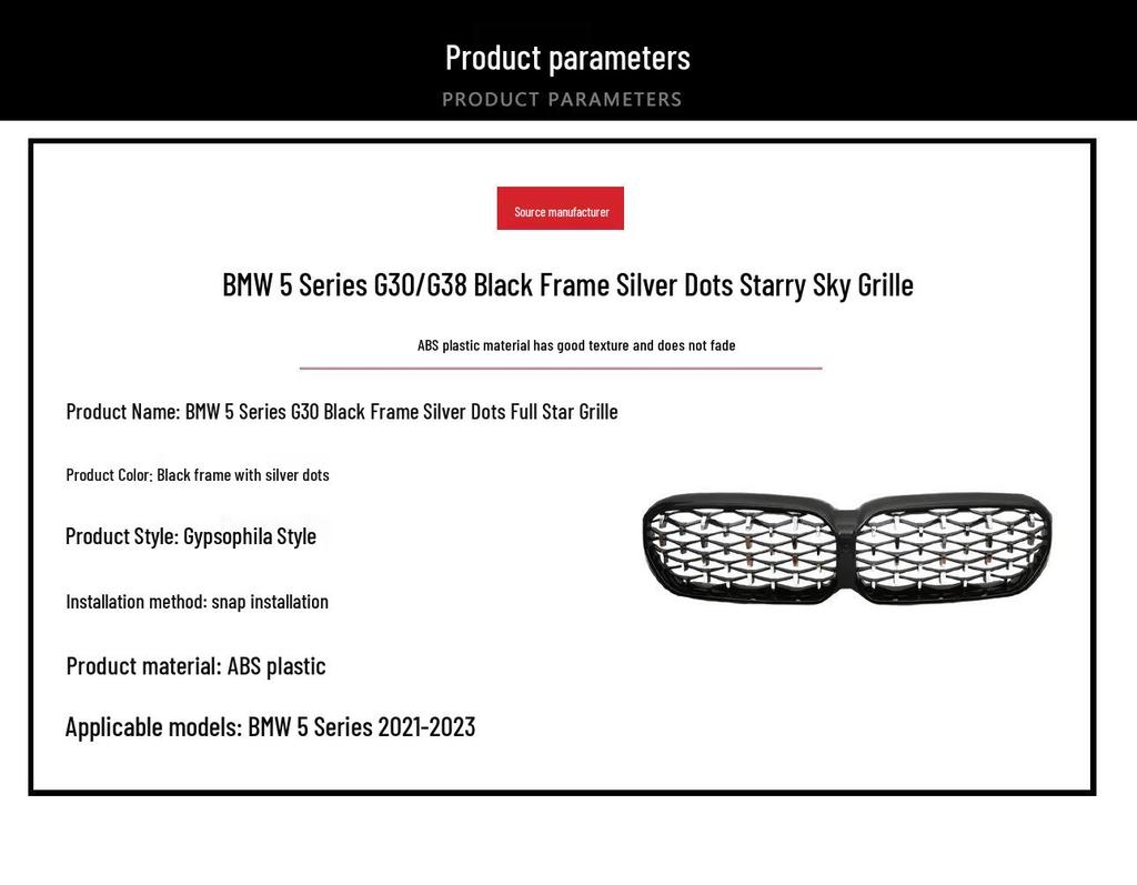Compatible Grille for 21-23 BMW 5 Series G30/G38 - Starry Sky Black with Silver Dots, Bright Black, and Semi-Silver Mesh Design.