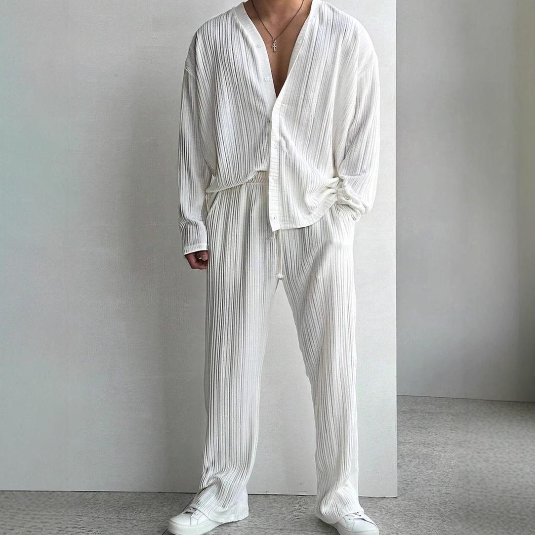 

Men s 2025 Summer Commute Suit: Casual Button Shirt & Long Pants Set XL білий