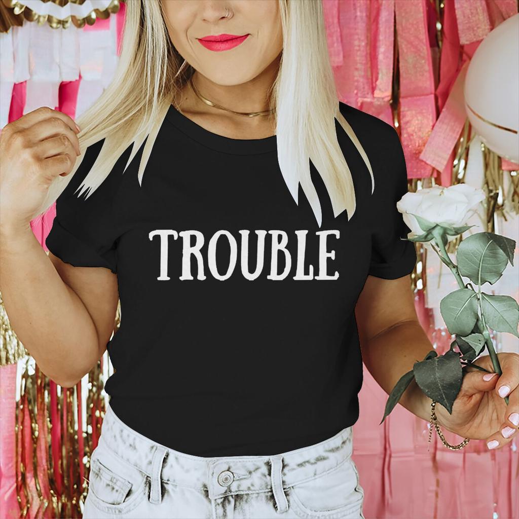 Valentines Day Tshirt Where I GoTrouble Print Funny Letter Graphic T Shirt Women Men Crewneck Y2K Tops Couple Matching Tshirt