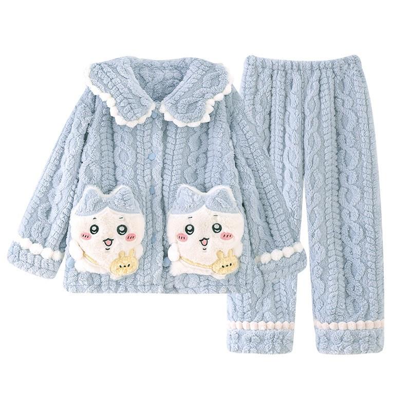 Girls Cartoon Fleece Pajama Set Warm Long Sleeve Open Front Sleepwear Winter Home Use