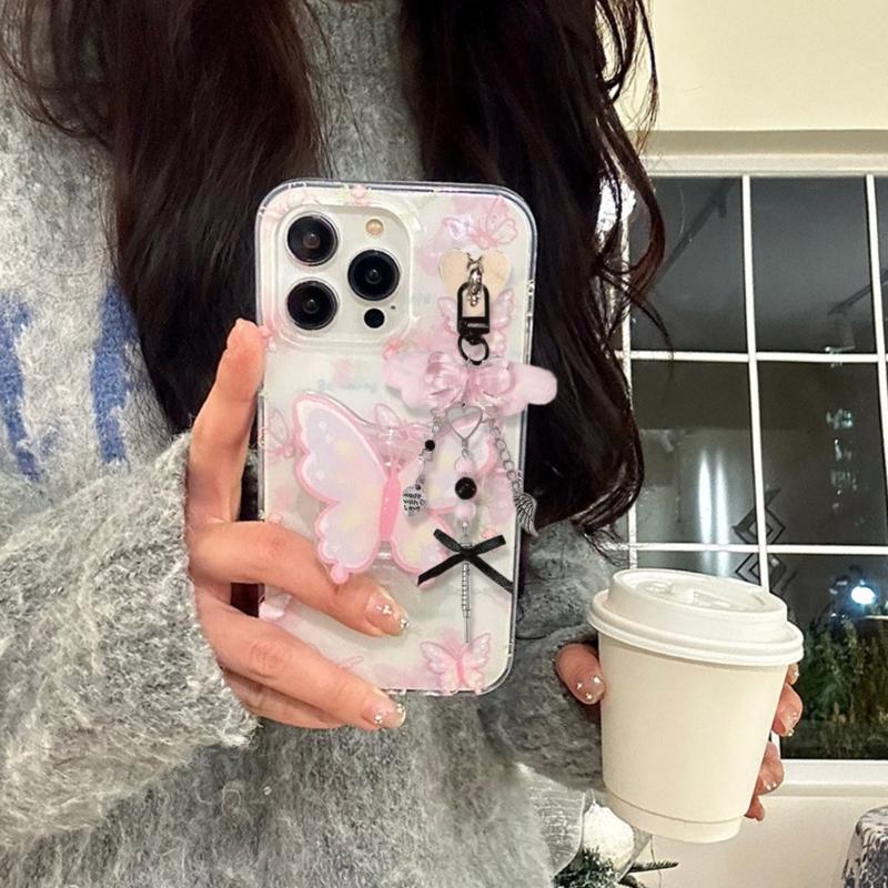 Cute Pink Butterfly Phone Charm Stylish Keychain Pendant Beaded Cellphone Pendant Phone Lanyard for Women and Girls