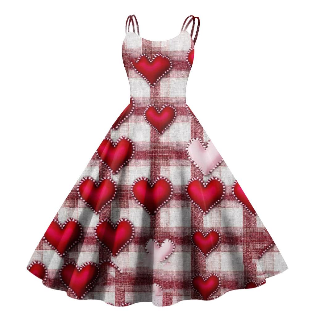 Kvinners Valentinsdag Kjærlighet Hjerte Trykk Sexy Bar Skulder Vintage Kjole