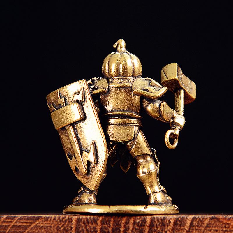 Brass Pumpkin Head Knight Figurine - Miniature Warrior Statue with Hammer and Shield for Desk Decor