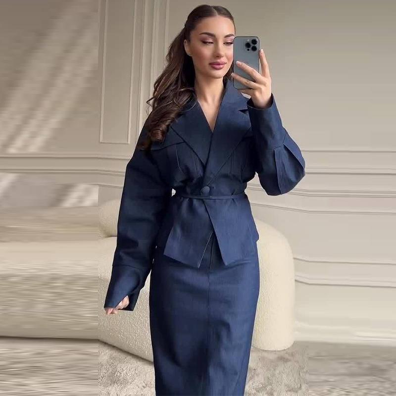 Casual Jackets Skirts Sets Women Loose V Neck Long Sleeves One Button Belt Outfits Female 2025 Summer Fashion Chic Solid Set