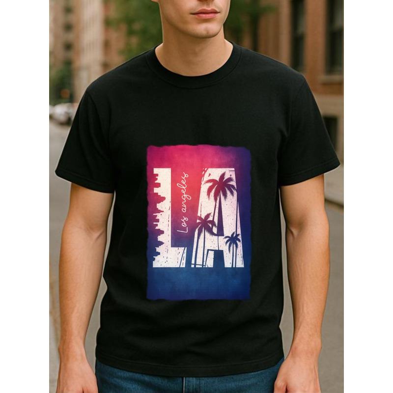 

European Size Men s LA Skyline T-Shirt with Iconic LA Logo & Palm Tree Print - Purple to Pink Gradient Short Sleeve Tee, Casual Shirt for Beach 4XL чорний