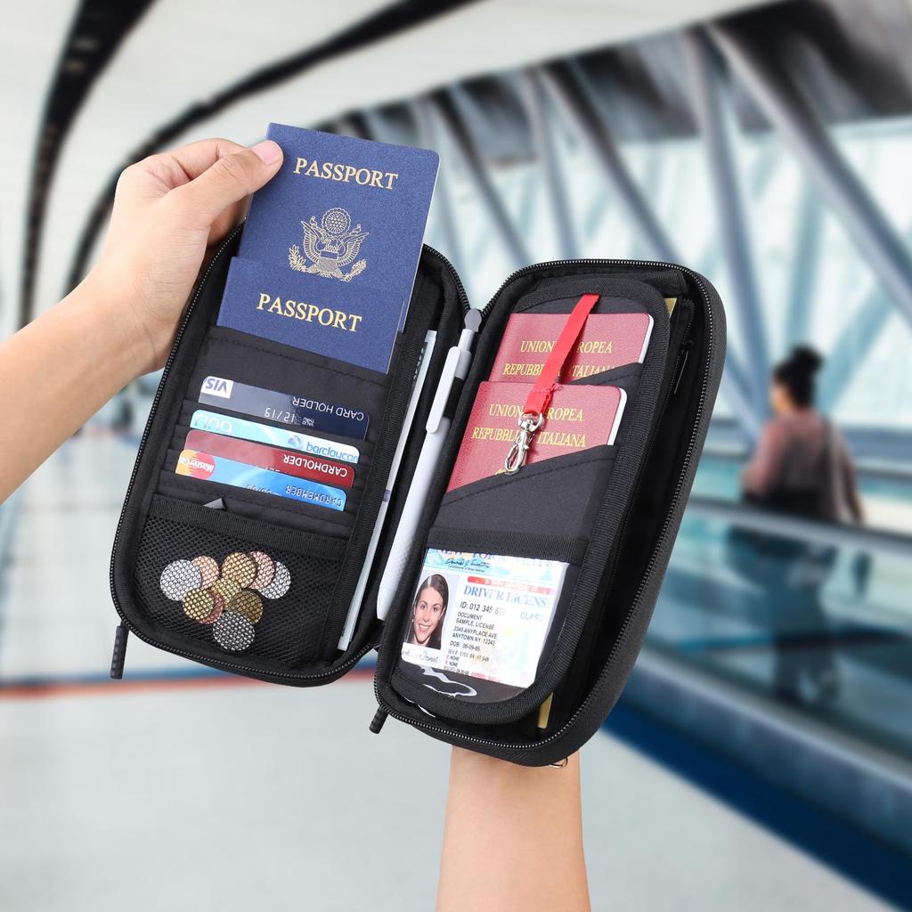 Lacdo Passport Family Passport Wallet for Women and Travel Document Credit Card Case Water with Detachable Wrist Neck Portable Travel Black Holder,