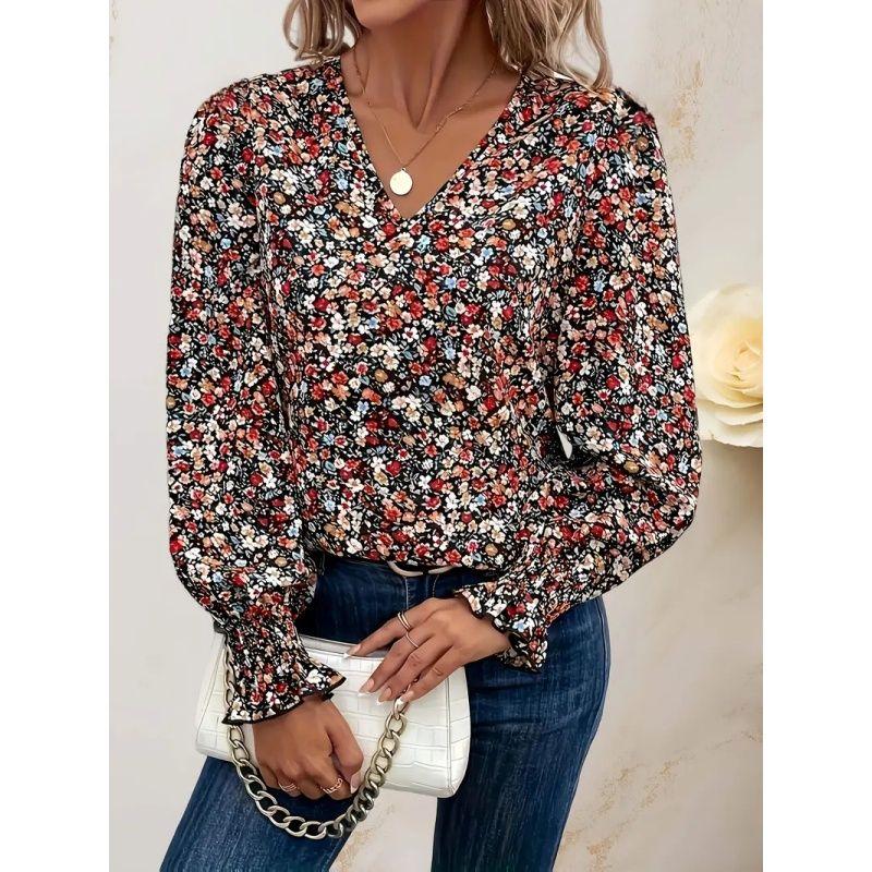 

XL-4XL Women Blouse Print Ladies Tops V-neck Long sleeve Shirts Floral Print Top Women Flower color 4XL