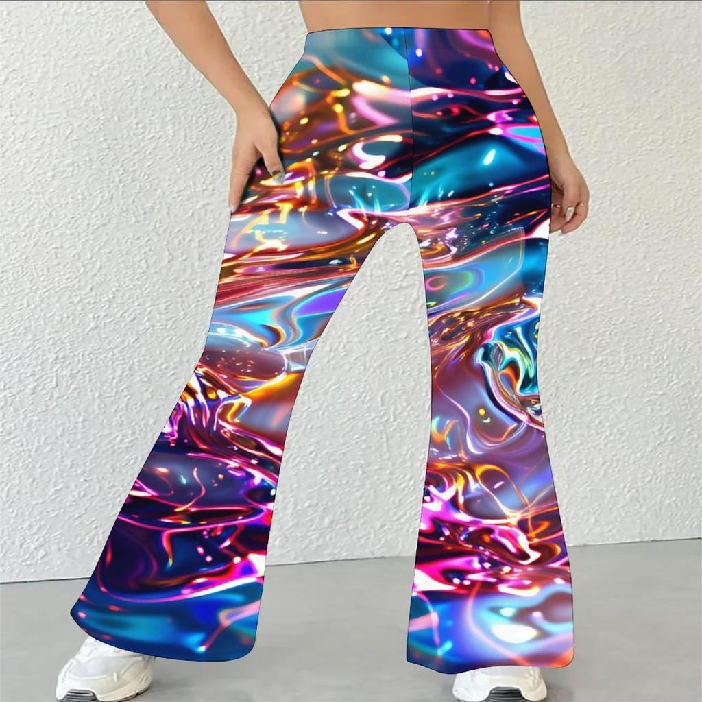 Kadın Günlük Yüksek Bel İspanyol Paça Pantolon, Geometrik Desenli Sokak Giyimi Çan Paça Pantolon