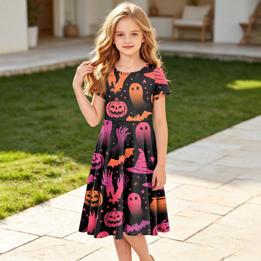 Girls Halloween Printed Short Sleeve Dress with Pockets for Party Costume