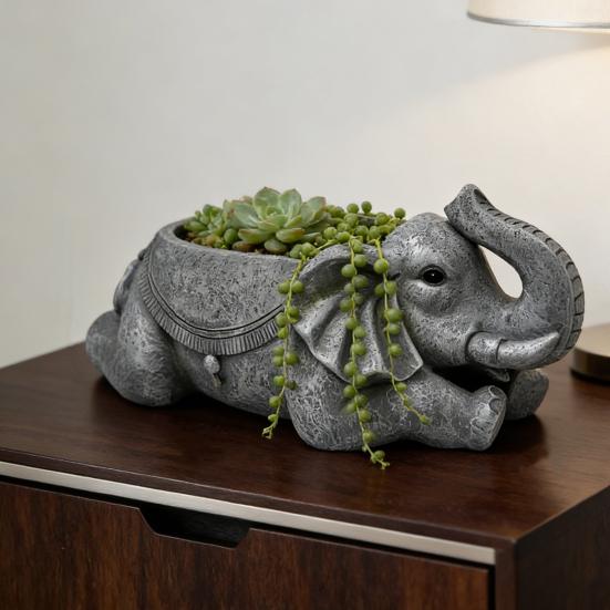 Elephant Planter Resin Elephant Animal Flower Pot Decorative Plant Holder with Drainage Hole for Indoor Outdoor Garden Patio Desk Home Decor