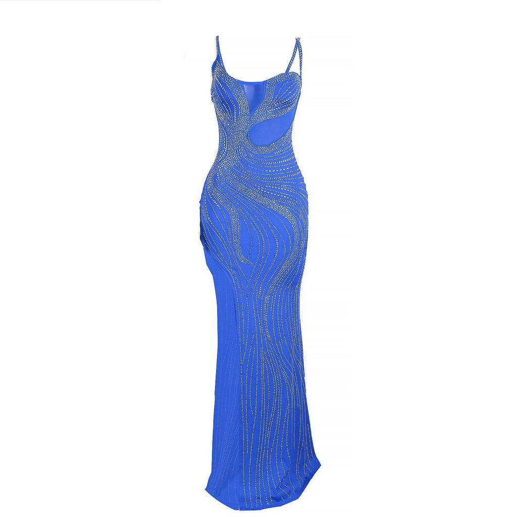 European & American Rhinestone Bodycon Spaghetti Strap Slit Dress for Nightclubs