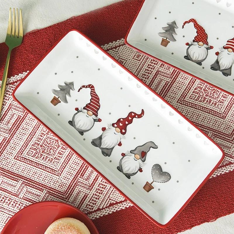 Christmas Ceramic Dinner Plate Rectangular Santa Claus Pattern Relief Plate Afternoon Tea Dessert Tray Steak Plate Tableware