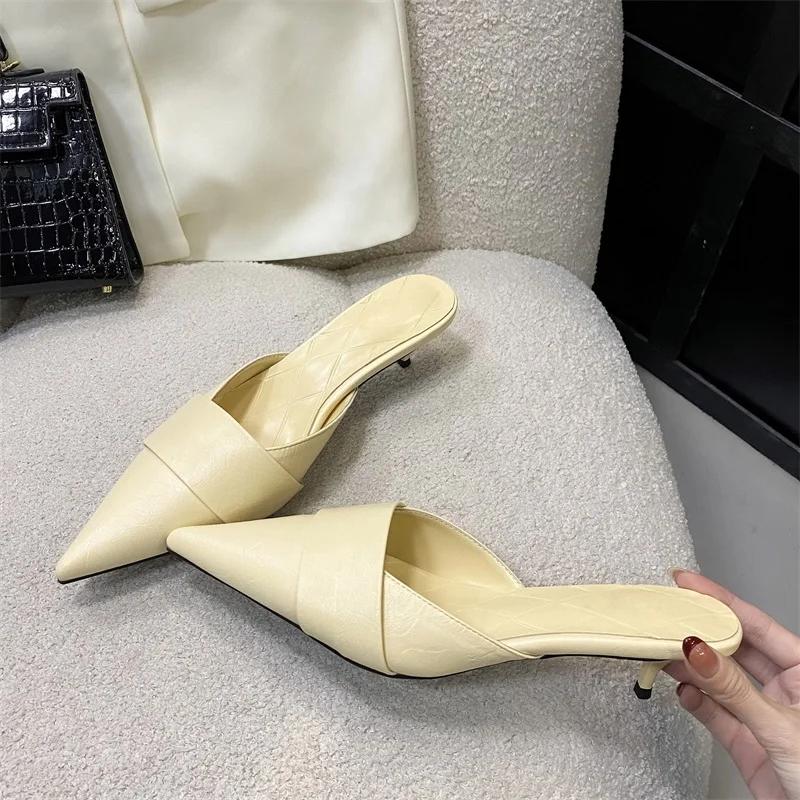 Fashion Splicing Shallow Mule Women Slippers Elegant Pointed Toe Thin Low Heels Party Dress Ladies Shoes