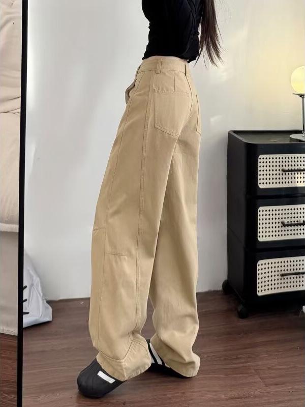 Women's High-Waisted Khaki Wide-Leg Jeans: Spring/Autumn Loose-Fit, Pear-Shape, Slimming Straight-Leg Pants