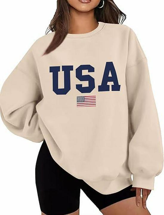 Women's Gothic Harajuku Plus Size Round Neck Hoodie with American Flag Print
