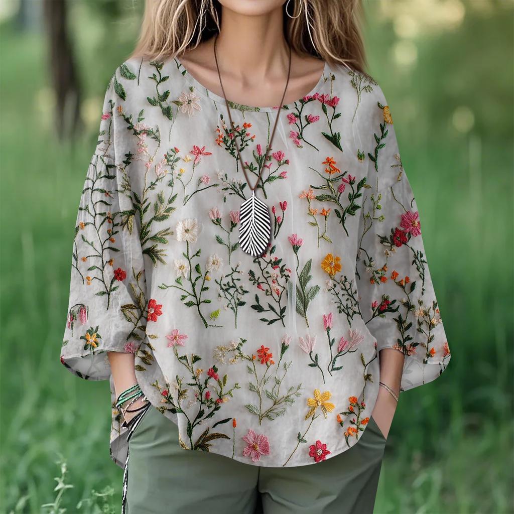Summer Tops For Women Cute O Neck 3/4 Sleeve Blouses Floral Print Top Casual Shirts