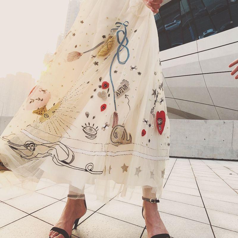 

Qym Water Soluble Lace Skirt Sun Heart Machine Embroidery Sequin Mid Length Long Length Hong Kong Style Retro Chic Skirt Picture color S