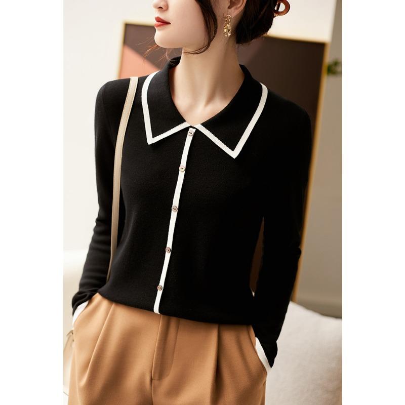 

Women s clothing contrasting colors spring and autumn new long-sleeved lapel sweater small fresh knitted sweater women one size fits all чёрный