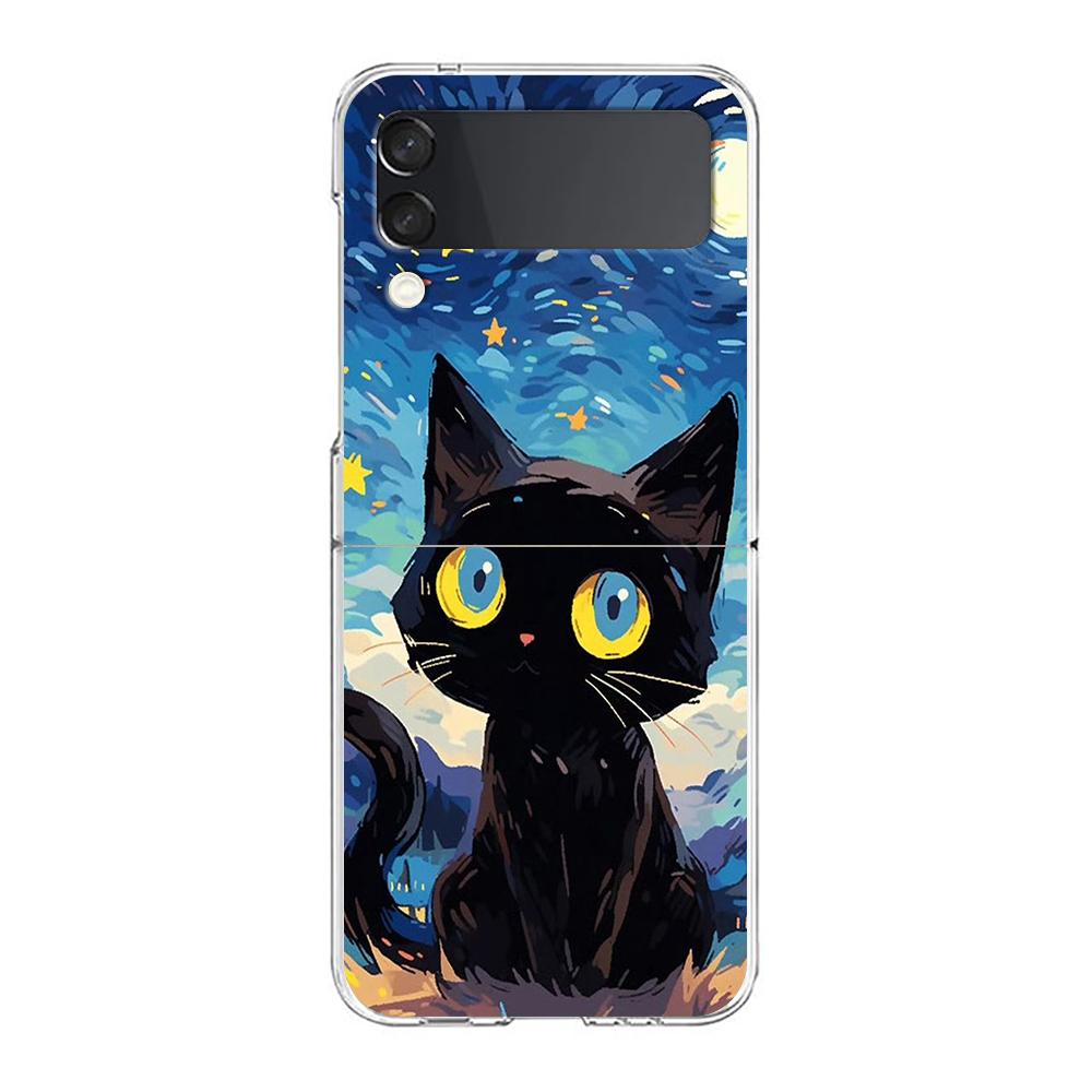 Artistic Black Cat Starry Night Phone Case For Samsung Galaxy Z Flip 3 4 5 Hard Folding Clear PC For Samsung Z Flip 6 Back Cover