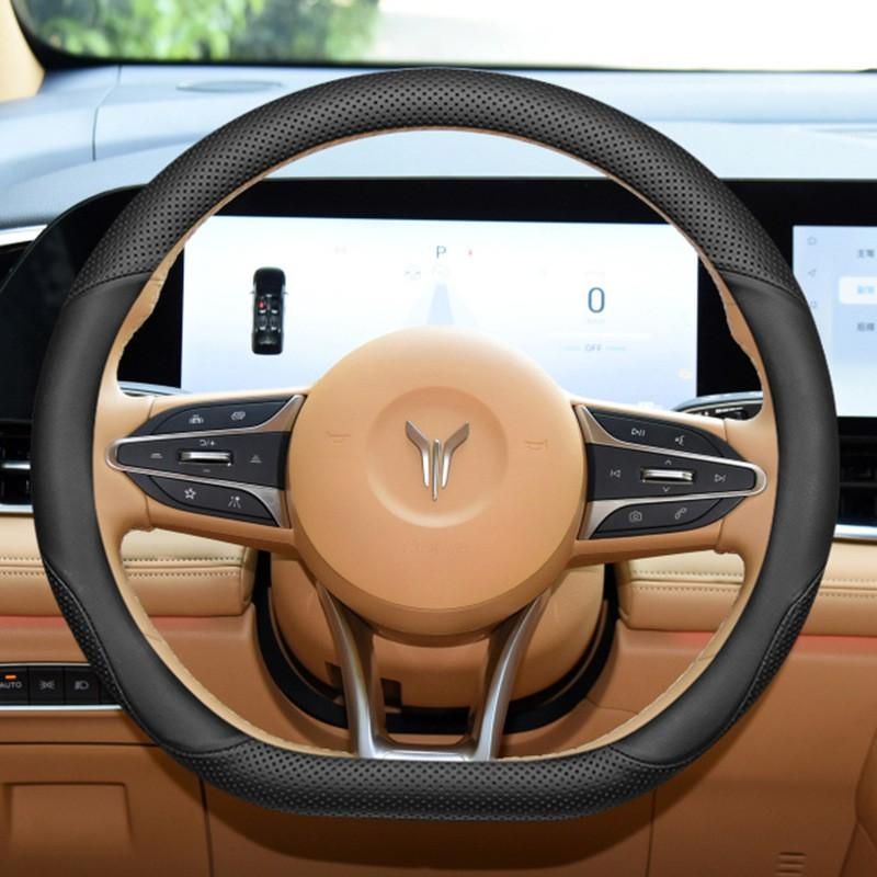 Universal Ultra-Thin Genuine Leather Steering Wheel Cover 38cm Diameter Anti-Slip All-Season Sport Style