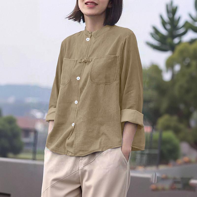 

ZANZEA Жіноча повсякденна блузка з круглим вирізом, однотонна, вільного крою, з довгим рукавом XL хакі