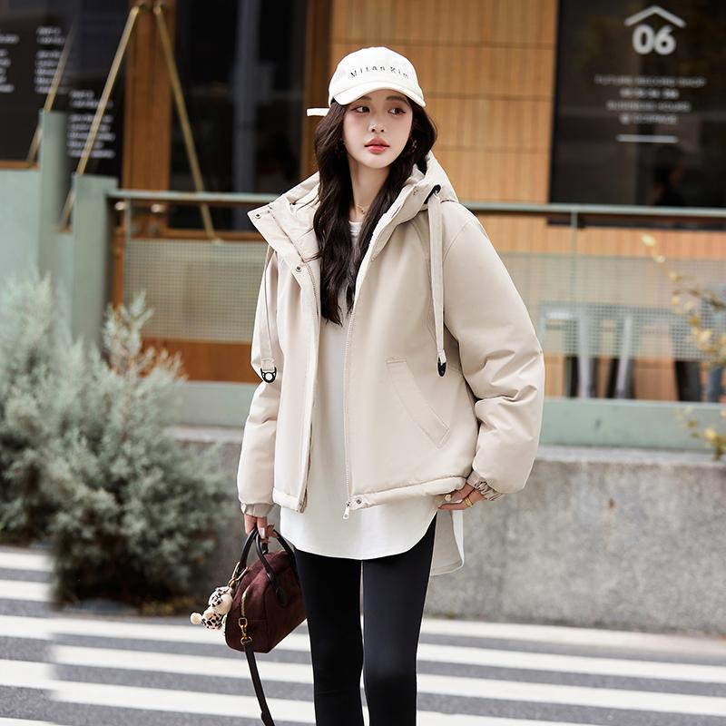 סתיו חורף מעיל פארקה חם מעובה נשים קז'ואל מתוק צבע אחיד כיס גדול מעיל רופף עם קפוצ'ון ז'קטים הלבשה עליונה